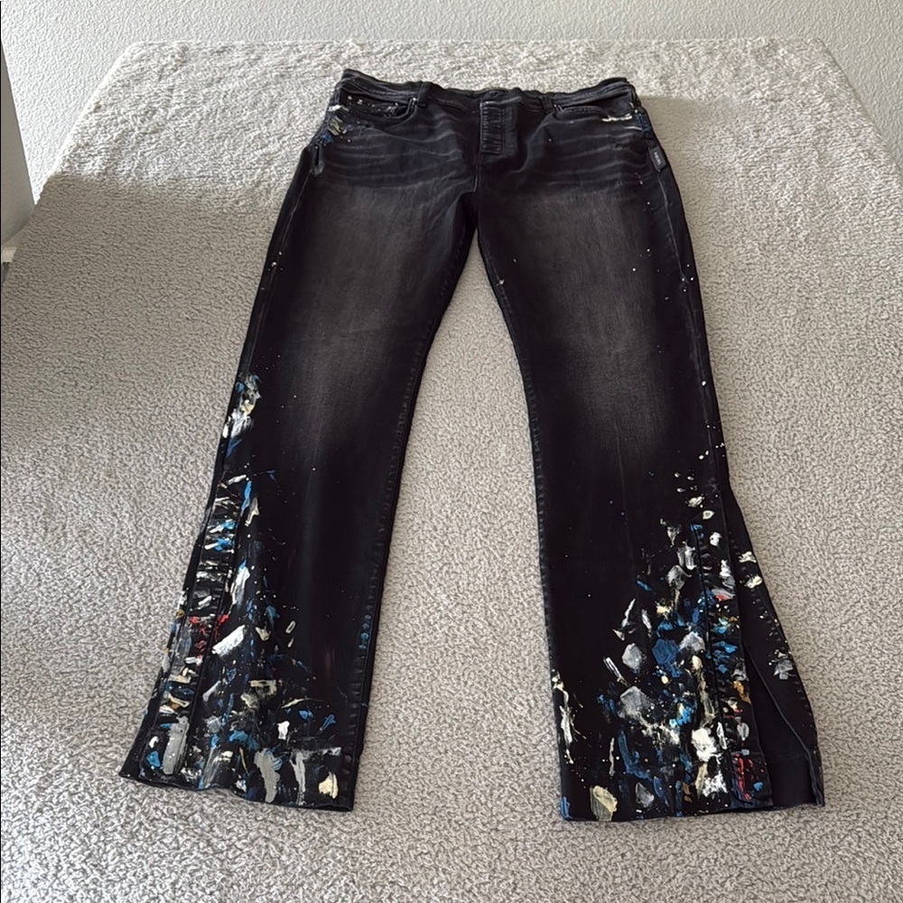AMIRI Black Flare Wide Leg Jeans with Embellishments Paint size 38